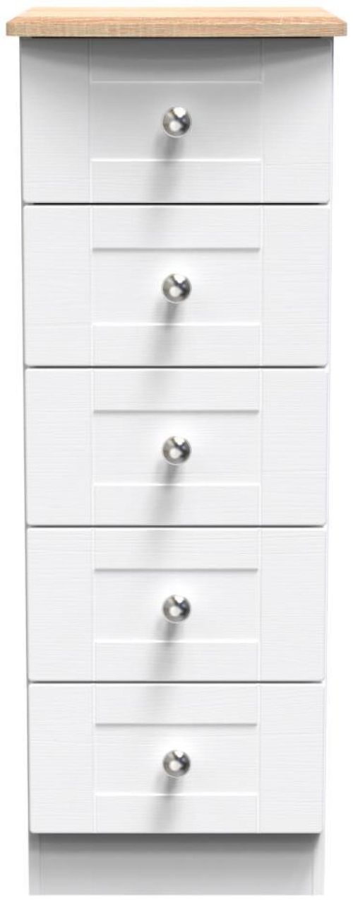 Sussex White and Oak Effect 5 Drawer Narrow Chest