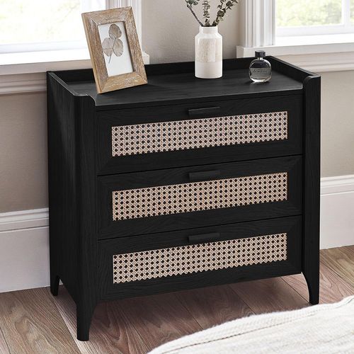 Sydney Chest of Drawers - 3 Drawer - Black and Faux Rattan