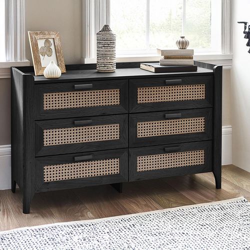 Sydney Chest of Drawers - 6 Drawer - Wide - Black and Faux Rattan