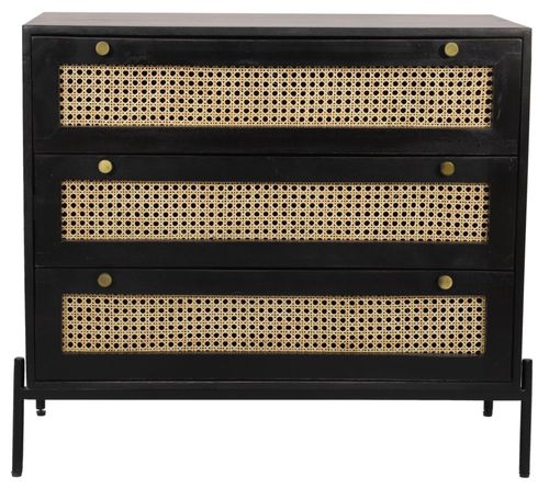 Tapola Black Wood and Rattan 3 Drawer Small Chest