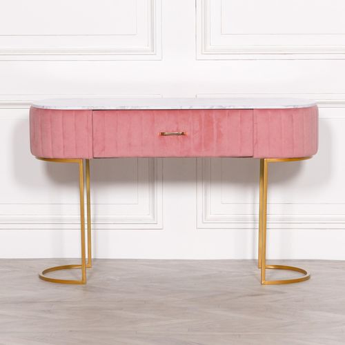 Upholstered Dressing Table - Pink Velvet - Curved - 1 Drawer