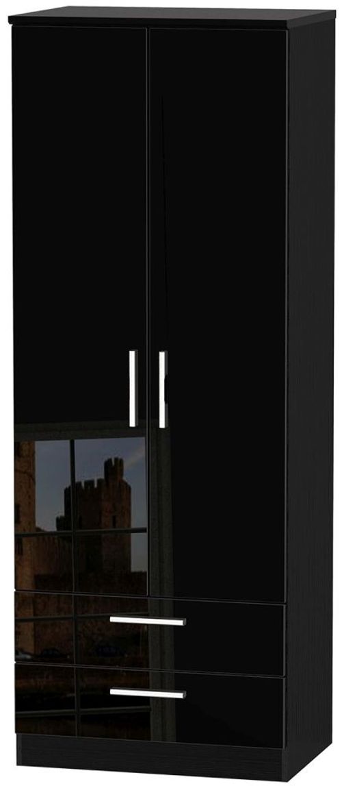 Knightsbridge Black Gloss 2 Door 2 Drawer Tall Wardrobe