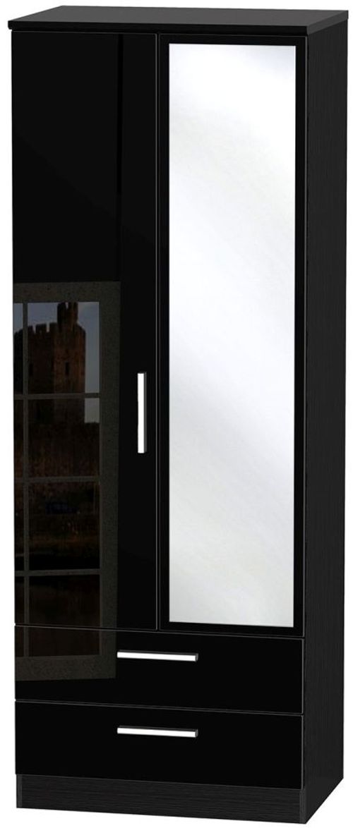 Knightsbridge Black Gloss 2 Door Tall Combi Wardrobe - 1 Mirror
