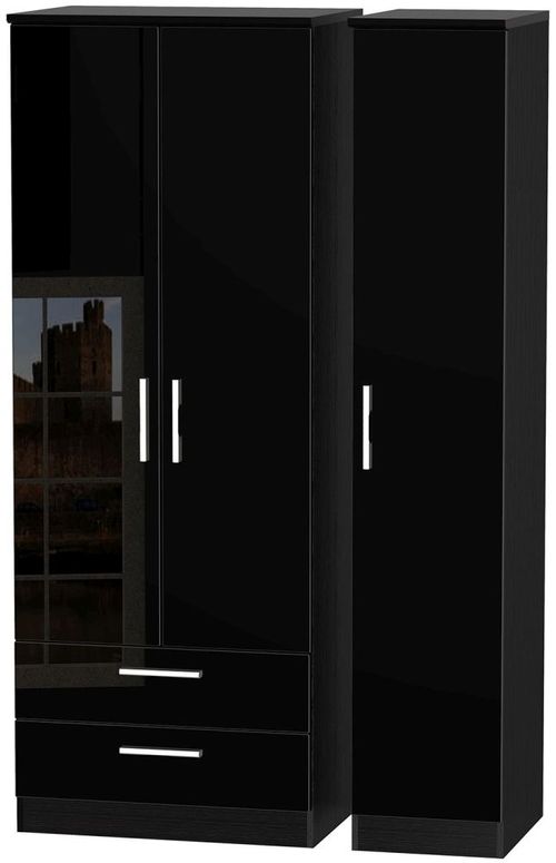 Knightsbridge Black Gloss 3 Door Tall Triple Wardrobe - LHF 2 Drawers