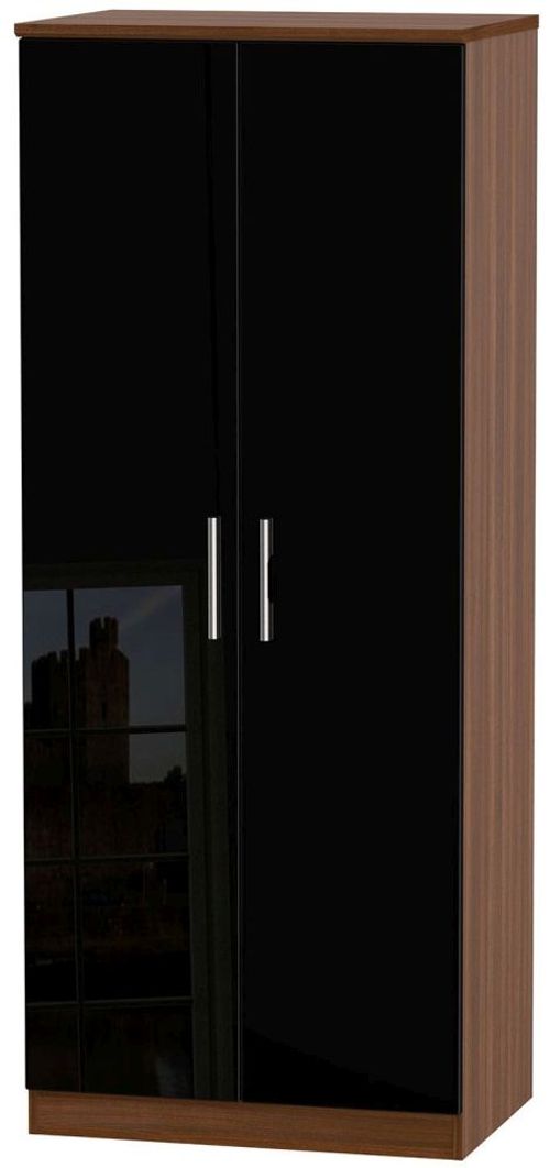 Knightsbridge Black Gloss and Walnut Effect 2 Door Plain Wardrobe
