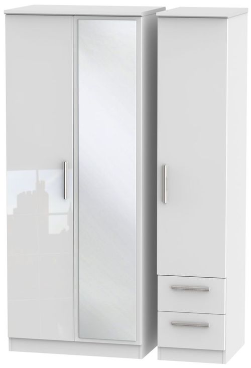 Knightsbridge White Gloss 3 Door Combi Wardrobe - 1 Mirror and RHF 2 Drawers