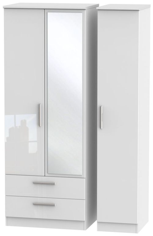 Knightsbridge White Gloss 3 Door Tall Combi Wardrobe - 1 Mirror and LHF 2 Drawers