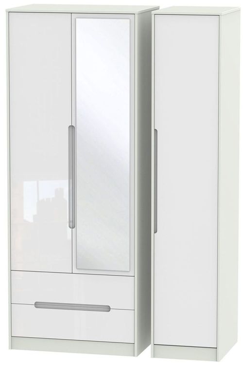 Monaco White Gloss and Cashmere 3 Door Tall Combi Wardrobe - 1 Mirror and LHF 2 Drawers