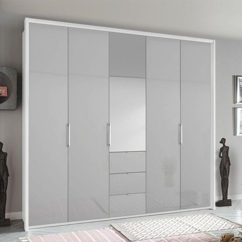 Rauch Erimo 254cm 5 Door Combi Wardrobe with 3 Drawer - Alpine White and Silk Grey Glass
