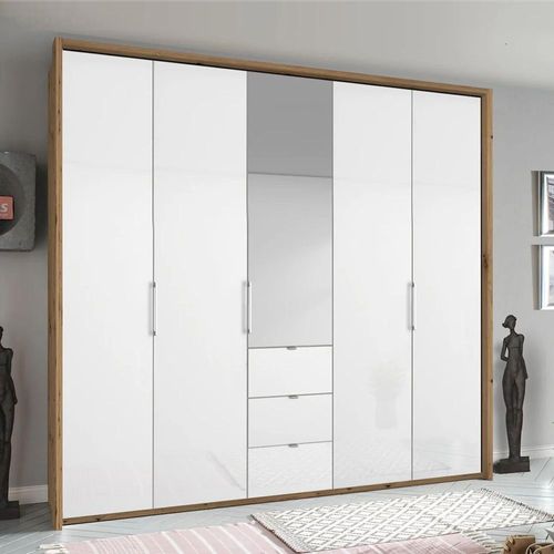 Rauch Erimo 254cm 5 Door Combi Wardrobe with 3 Drawer - Artisan Oak and Crystal White Glass