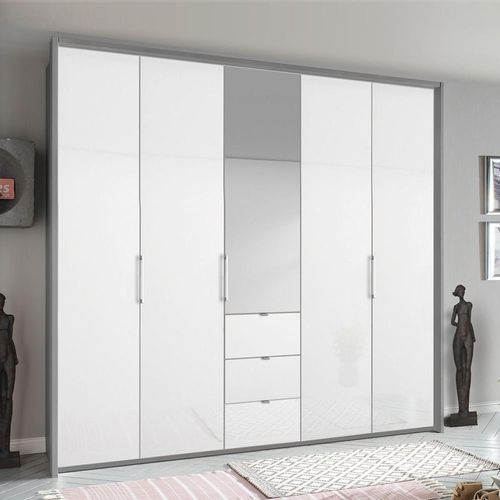 Rauch Erimo 254cm 5 Door Combi Wardrobe with 3 Drawer - Silk Grey and Crystal White Glass