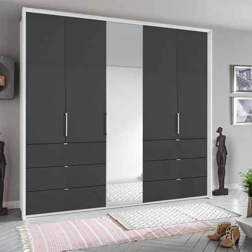 Rauch Erimo 254cm 5 Door Combi Wardrobe with 6 Drawer - Alpine White and Basalt Glass