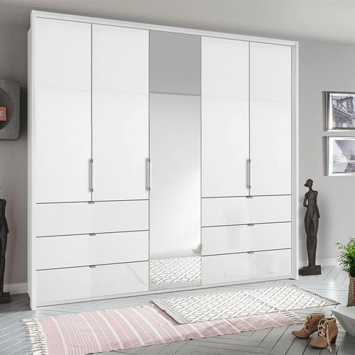 Rauch Erimo 254cm 5 Door Combi Wardrobe with 6 Drawer - Alpine White and Crystal White Glass