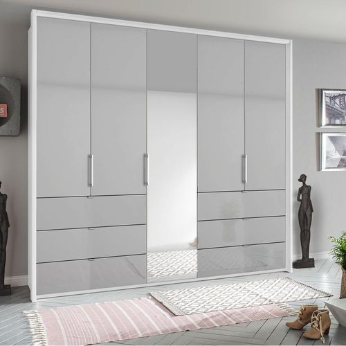 Rauch Erimo 254cm 5 Door Combi Wardrobe with 6 Drawer - Alpine White and Silk Grey Glass