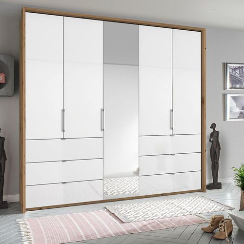 Rauch Erimo 254cm 5 Door Combi Wardrobe with 6 Drawer - Artisan Oak and Crystal White Glass