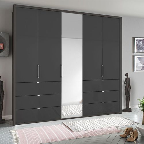 Rauch Erimo 254cm 5 Door Combi Wardrobe with 6 Drawer - Graphite and Basalt Glass