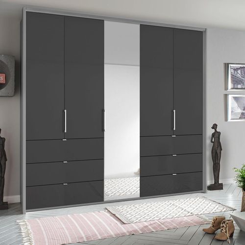 Rauch Erimo 254cm 5 Door Combi Wardrobe with 6 Drawer - Silk Grey and Basalt Glass