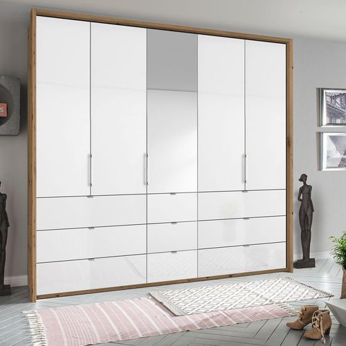 Rauch Erimo 254cm 5 Door Combi Wardrobe with 9 Drawer - Artisan Oak and Crystal White Glass