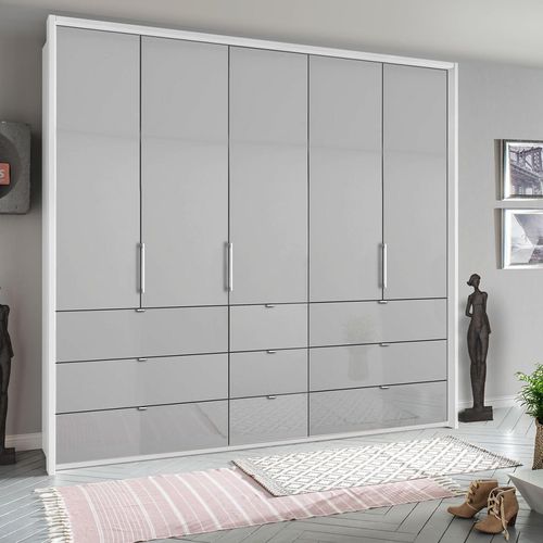 Rauch Erimo 254cm 5 Door Wardrobe with 9 Drawer - Alpine White and Silk Grey Glass