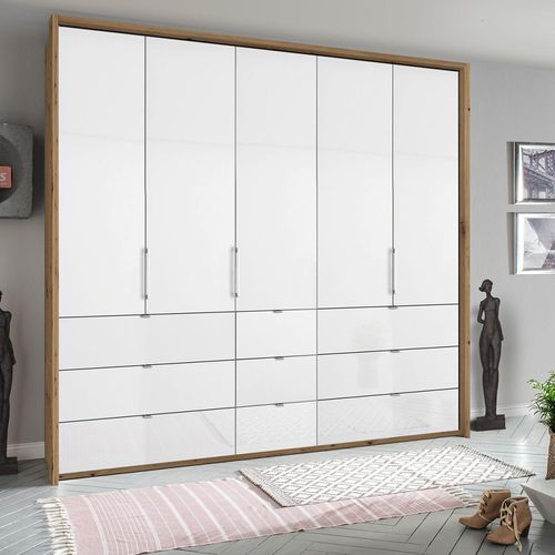 Rauch Erimo 254cm 5 Door Wardrobe with 9 Drawer - Artisan Oak and Crystal White Glass