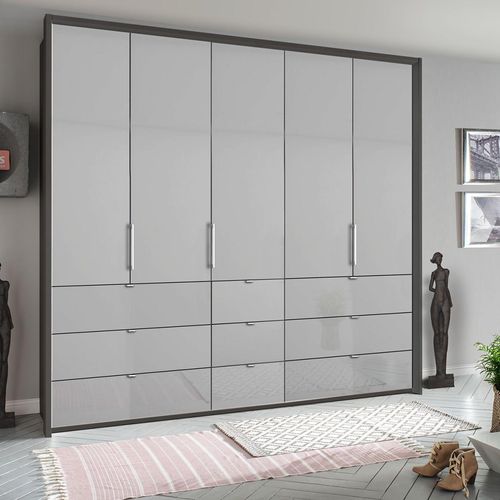 Rauch Erimo 254cm 5 Door Wardrobe with 9 Drawer - Graphite and Silk Grey Glass