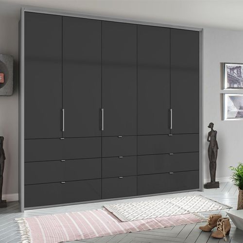 Rauch Erimo 254cm 5 Door Wardrobe with 9 Drawer - Silk Grey and Basalt Glass