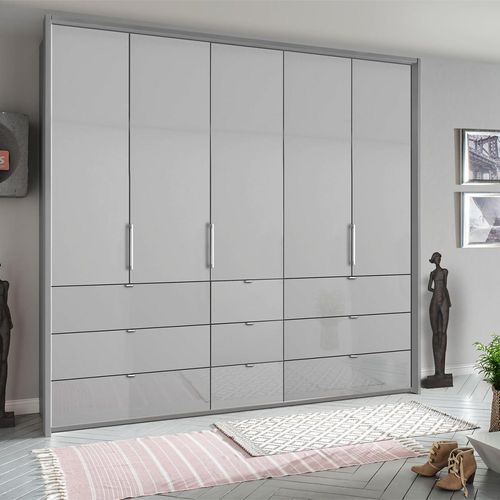 Rauch Erimo 254cm 5 Door Wardrobe with 9 Drawer - Silk Grey and Silk Grey Glass