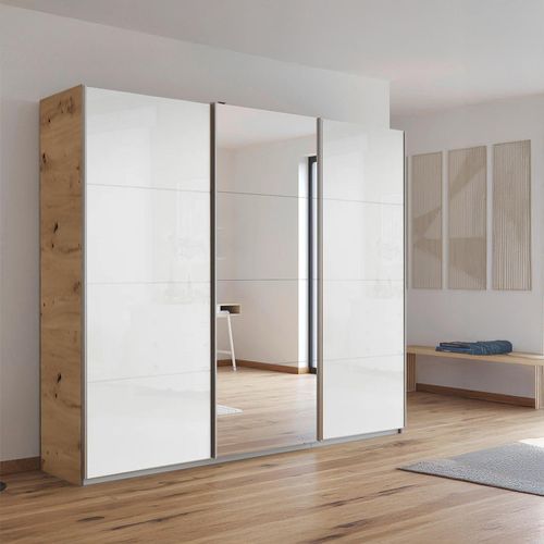 Rauch Kulmbach 203cm 3 Door Sliding Wardrobe with Mirror - Artisan Oak and White High Gloss