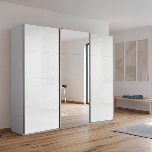 Rauch Kulmbach 203cm 3 Door Sliding Wardrobe with Mirror - Silk Grey and White High Gloss