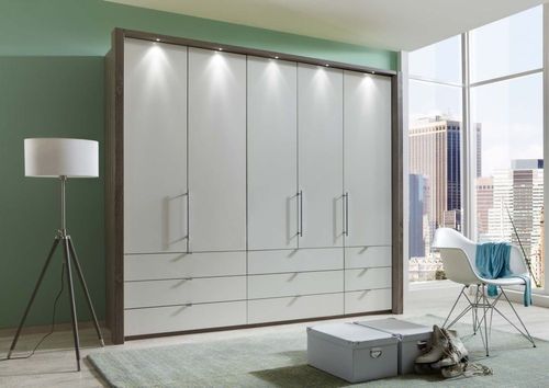 Wiemann Loft 5 Door Bi Fold Wardrobe in Grey Glass and Oak Carcase with 9 Drawers