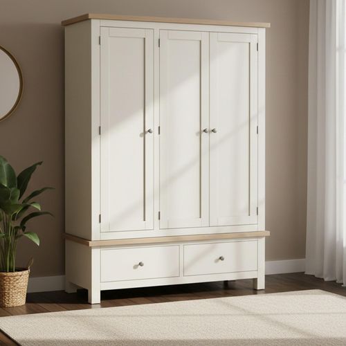 Modern Wardrobe - 3 Door - 2 Drawer - White Painted