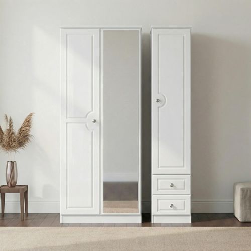 Pembroke White Gloss 3 Door Combi Wardrobe - 1 Mirror and RHF 2 Drawers