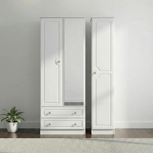 Pembroke White Gloss 3 Door Tall Combi Wardrobe - 1 Mirror and LHF 2 Drawers