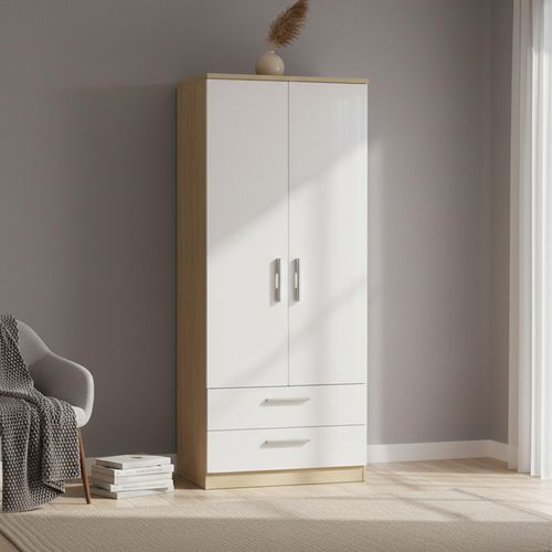 Knightsbridge White Gloss and Light Oak 2 Door 2 Drawer Double Wardrobe