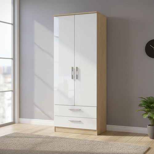 Knightsbridge White Gloss and Light Oak 2 Door 2 Drawer Tall Wardrobe