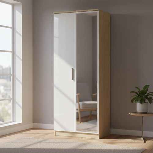 Knightsbridge White Gloss and Light Oak 2 Door Tall Wardrobe - 1 Mirror