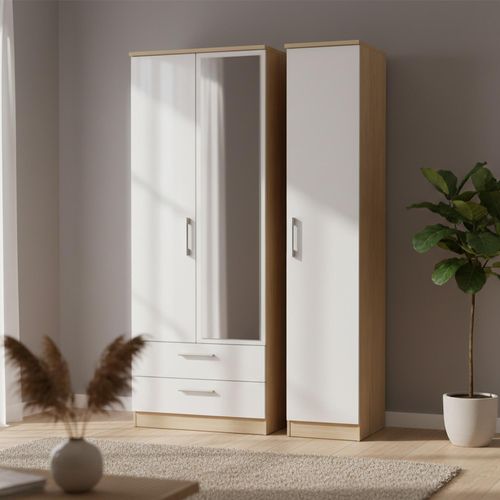 Knightsbridge White Gloss and Light Oak 3 Door Combi Wardrobe - 1 Mirror and LHF 2 Drawers