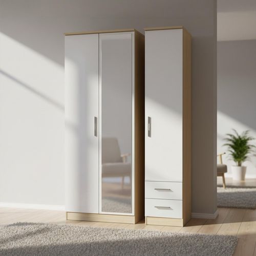 Knightsbridge White Gloss and Light Oak 3 Door Tall Combi Wardrobe - 1 Mirror and RHF 2 Drawers