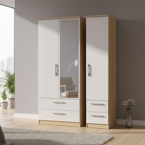 Knightsbridge White Gloss and Light Oak 3 Door Tall Combi Wardrobe - 1 Mirror