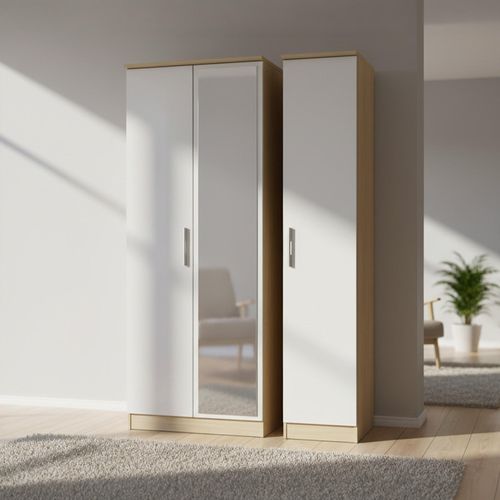 Knightsbridge White Gloss and Light Oak 3 Door Tall Triple Wardrobe - 1 Mirror