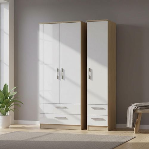 Knightsbridge White Gloss and Light Oak 3 Door Tall Triple Wardrobe - 4 Drawers