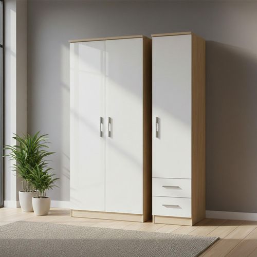 Knightsbridge White Gloss and Light Oak 3 Door Tall Triple Wardrobe - RHF 2 Drawers