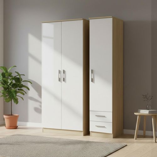 Knightsbridge White Gloss and Light Oak 3 Door Triple Wardrobe - RHF 2 Drawers