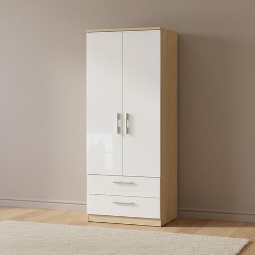 Knightsbridge Wardrobe - 2 Door - 2 Drawer - Double - White Gloss and Light Oak