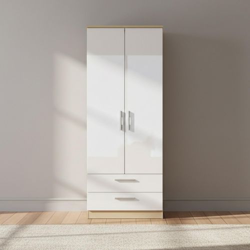 Knightsbridge Wardrobe - 2 Door - 2 Drawer - Tall - White Gloss and Light Oak