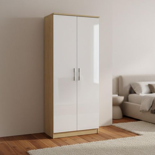 Knightsbridge Wardrobe - 2 Door - Plain - Tall - White Gloss and Light Oak
