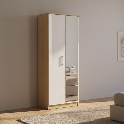 Knightsbridge Wardrobe - 2 Door - 1 Mirror - Tall - White Gloss and Light Oak