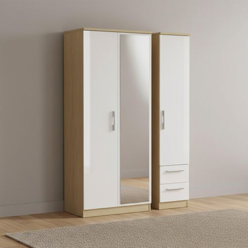 Knightsbridge Wardrobe - 3 Door - 1 Mirror - RHF 2 Drawer - Combi - White Gloss and Light Oak