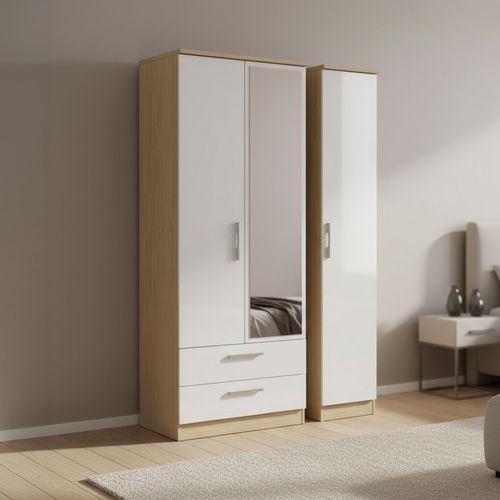 Knightsbridge Wardrobe - 3 Door - 1 Mirror - LHF 2 Drawer - Combi - Tall - White Gloss and Light Oak