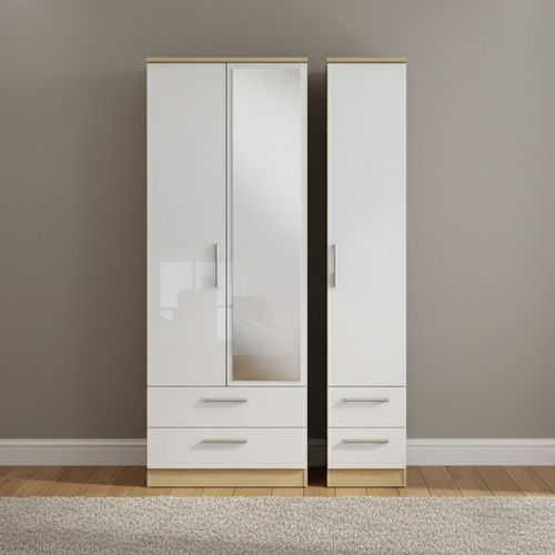 Knightsbridge Wardrobe - 3 Door - 1 Mirror - Combi - Tall - White Gloss and Light Oak